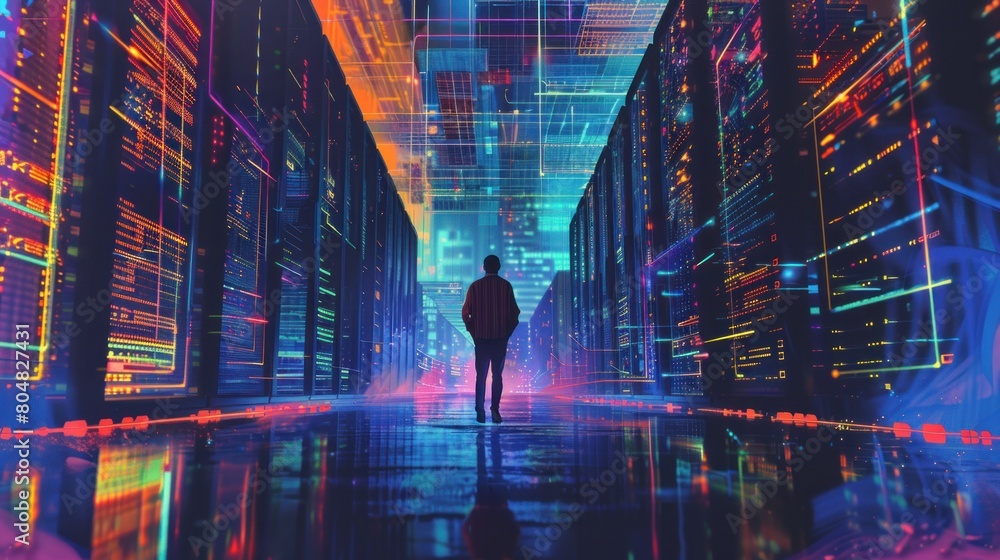 Poster man standing in server room of large data center. computer engineering and big data concept
