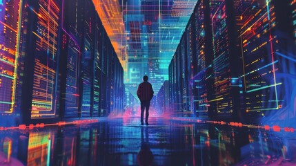 Man standing in server room of large data center. Computer engineering and big data concept