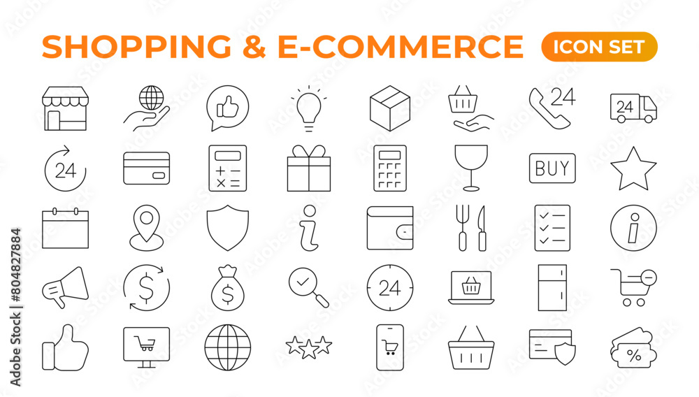 Poster e-commerce set of web icons in line style. online shopping icons for web and mobile app. business, m