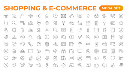 E-Commerce set of web icons in line style. Online shopping icons for web and mobile app. Business, mobile shop, digital marketing, bank card, gifts, sale, delivery. Vector illustration