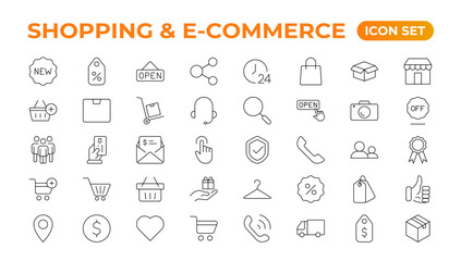 E-Commerce set of web icons in line style. Online shopping icons for web and mobile app. Business, mobile shop, digital marketing, bank card, gifts, sale, delivery. Vector illustration