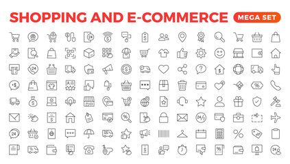 E-Commerce set of web icons in line style. Online shopping icons for web and mobile app. Business, mobile shop, digital marketing, bank card, gifts, sale, delivery. Vector illustration