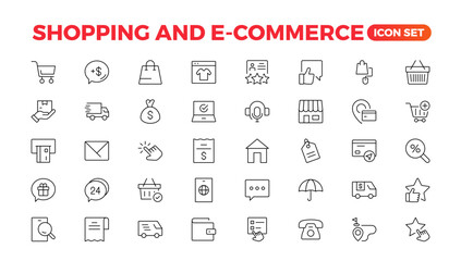 E-Commerce set of web icons in line style. Online shopping icons for web and mobile app. Business, mobile shop, digital marketing, bank card, gifts, sale, delivery. Vector illustration