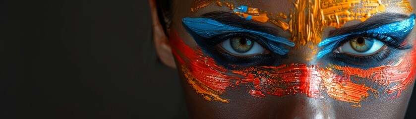 Artistic face painting abstract style low detail stark black background left text margin
