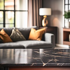 a rustic dusty dark black empty marble grain shiny polished stage table as the focal point set against a blurred background