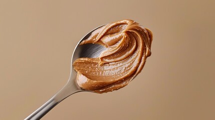 Fototapeta premium Elevated view of a perfectly smooth spoonful of nut butter, emphasizing texture and shine, with a clean background and professional studio lighting