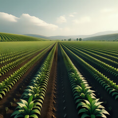 Fototapeta premium A sleek 3D agricultural scene, where rows of plants and intricate machinery come together in a modern layout - generated by ai