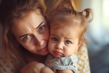 A tired woman with a baby in her arms.