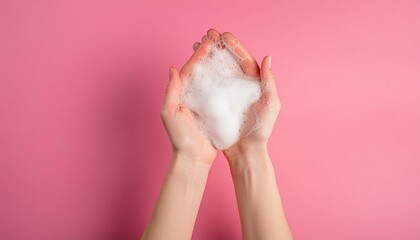 Hands disinfection during coronovirus concept. Female hands with soap foam on a pink background