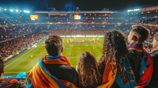 A group of friends watching a soccer game at Camp Nou stadium