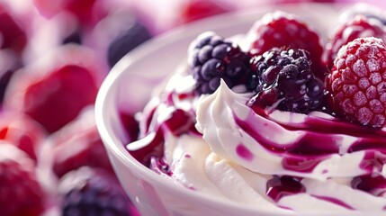 Detailed and polished look at yogurt with mixed berry jam, emphasizing richness and sheen for a tempting ad visual, isolated studio lighting