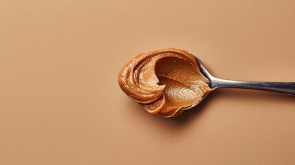 Artistic top view of a spoon with smooth nut butter, focusing on the detailed sheen, presented on a simple, isolated background, studio lighting setup