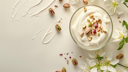 Artistic top view of a natural yogurt arrangement with a side of nut paste and pistachios, designed for print ads, against a smooth isolated backdrop, enhanced studio lighting