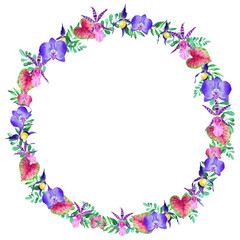 Kids birthday invitation, Bright Tropical Flowers, Leaves, Wreath, orchid, Hello summer, Round Frame, watercolor Illustration, Decoration, Mothers day, summer vibes, vibrant