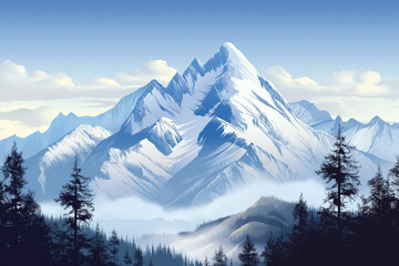 A majestic mountain range covered in snow, with tall peaks and dense forests below. The sky is clear blue with fluffy white clouds