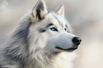 A beautiful white wolf with blue eyes, white fur and a black nose, profile view