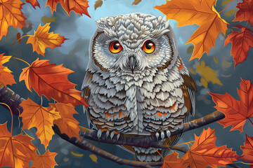 Illustration of an owl sitting on the branch surrounded by autumn leaves