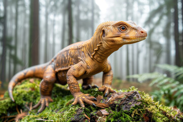 Adorable little dinosaur with lizard scales sitting on a mossy log in a misty forest
