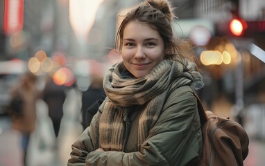 Fototapeta premium A beautiful businesswoman stands on the street of financial district, smiling at the camera, wearing a warm jacket and scarf. atmosphere of busy city life. lively urban vibe. generative AI