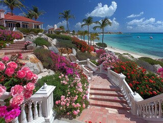 Fototapeta premium Luxurious Coastal Villa with Lush Pink Flowers Leading Down Stairs to a Stunning Turquoise Beach