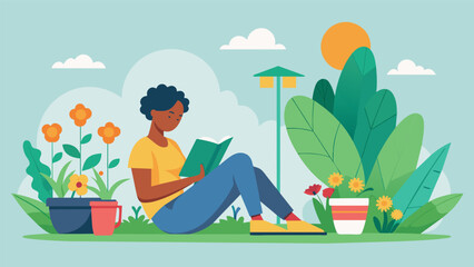 A person spending a lazy afternoon in their backyard reading a book and occasionally pausing to check on and care for their outdoor plants and.