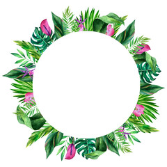 Bright Tropical Flowers, Leaves, Round Frame, watercolor Illustration, Decoration, Mothers day, summer vibes, vibrant