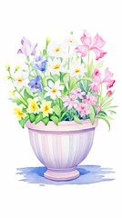 Vibrant watercolor illustration of mixed spring flowers in a classic striped pot, perfect for a fresh and floral theme.
