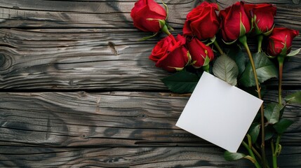 A white blank greeting card featuring vibrant red roses against a rustic wooden backdrop leaving a space for your personalized message