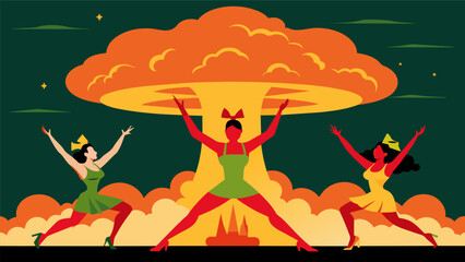 Fototapeta premium In a dramatic display the dancers freeze in place their arms outstretched as they mimick the image of a mushroom cloud rising from a nuclear.