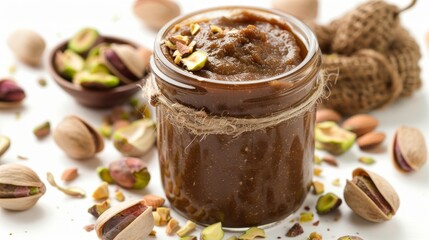 Artistic depiction of a jar of tasty nut paste, surrounded by scattered pistachios, ideal for gourmet food advertising, pure white backdrop, studio lights