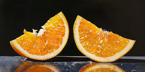 Closeup of the sliced orange on black refractive background - obrazy, fototapety, plakaty