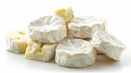 Artistic arrangement of Camembert cheese pieces, with a focus on the creamy texture, set against a clean, white background for high contrast