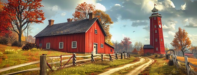 Rustic Barn Amongst Colorful Autumn Trees, Scenic Countryside Landscape