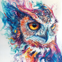 Painting of an owl with colorful feathers and bright eyes
