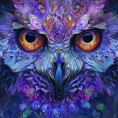 A purple owl with a purple face and yellow eyes.