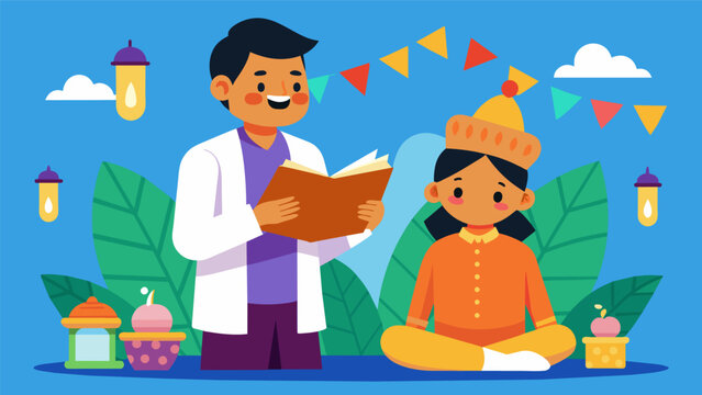 A mentor and mentee attending a cultural event learning about and celebrating different traditions and customs.. Vector illustration