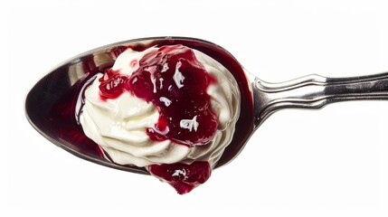 Aerial shot of a gleaming spoonful of creamy yogurt and vibrant jam, emphasizing texture and sheen, isolated on a stark white background, perfect for ads