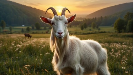 Obraz premium Serene goat in a field at sunset with warm, golden tones