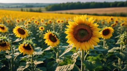 Bright sunflowers in a field under a sunny blue sky