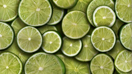 Fresh whole and sliced limes with leaves on vibrant green background