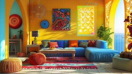 Step into a vibrant 3D living room, where bright colors play harmoniously with paper-cut decorative elements. Let AI craft this imaginative interior into a realistic image captured by an HD camera.