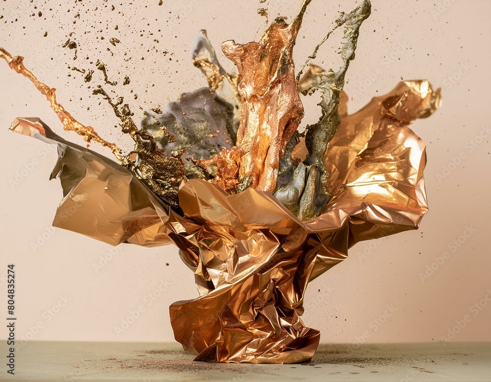 Poster abstract expressionist style with splashes of gold and bronze on a cream background