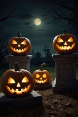 Candle lit Halloween Pumpkins. illuminated carved pumpkins with different evil faces in darkness at Halloween night. 