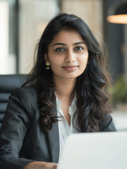 Positive young Indian business professional man in casual working at laptop in office.