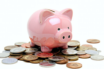 piggy bank full of coins on a white background. Deposits, savings money for education, health, housing.