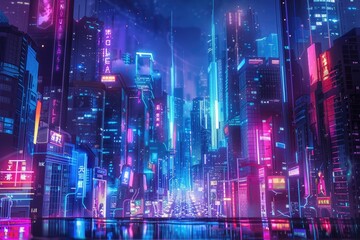 Night city with glowing skyscrapers and neon lights.