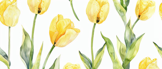 Top view yellow tulip seamless water color on white background.