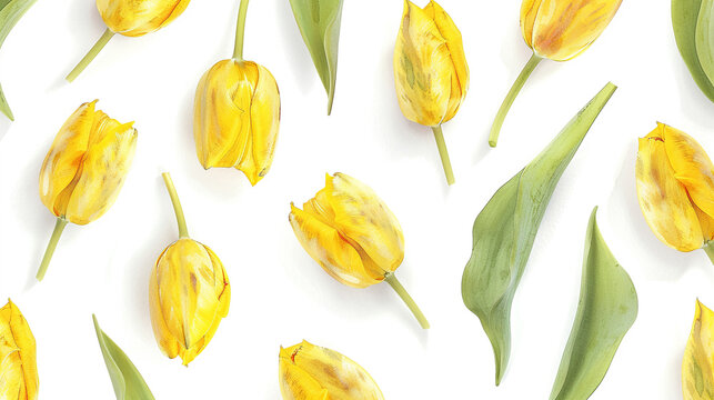 Top view yellow tulip seamless water color on white background.