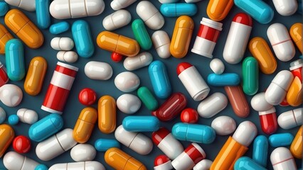 Various colorful pills and capsules on a teal background