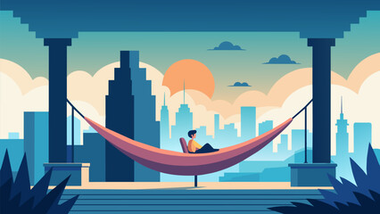 A rooftop terrace featuring a hammock that swings between two pillars offering stunning views of the city skyline as a person relaxes..